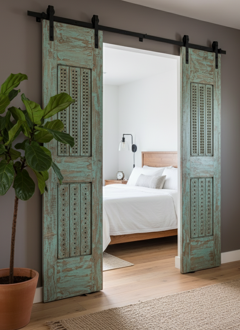 Antique Carved French Doors Brass Studs Custom Double Barndoors 80x40