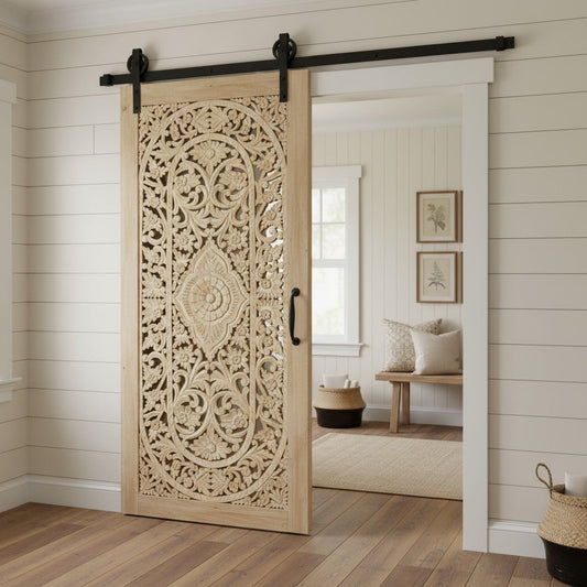 Vintage Floral Lattice Carved Barn Door Wooden Whitewash Room Divider Panels 80x36