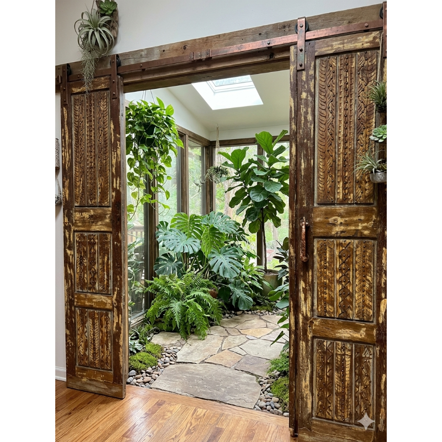 Antique Doors Carved Solid Wood Rustic Barndoors with Brass Studs 80