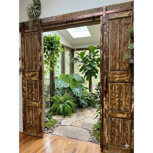 Antique Doors Carved Solid Wood Rustic Barndoors with Brass Studs 80