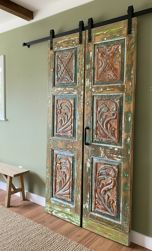 Vintage Double Door Colorful Hues Hand Carved Boho Rustic Barn Door 80x38.5