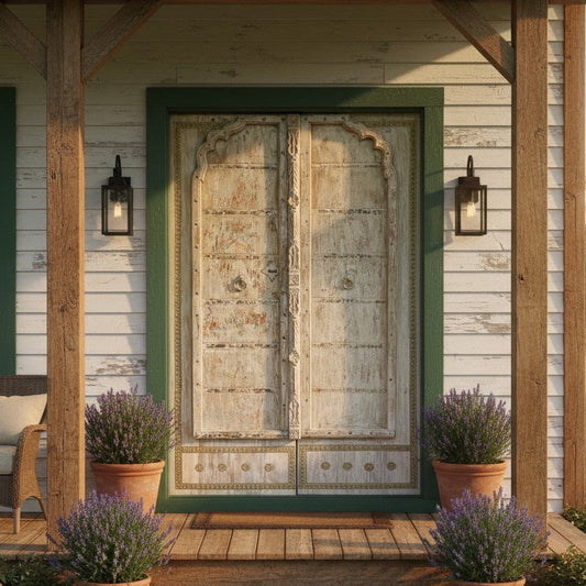 Antique Whitewash Door – Rustic Carved Farmhouse Barndoor with Brass Trim 83