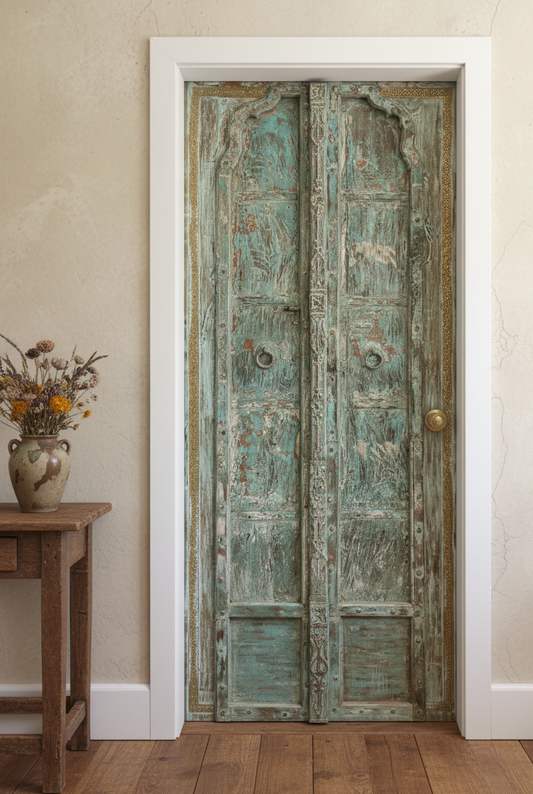 Antique Indian Door Rustic Wooden Double Doors with Brass Trim  81.5