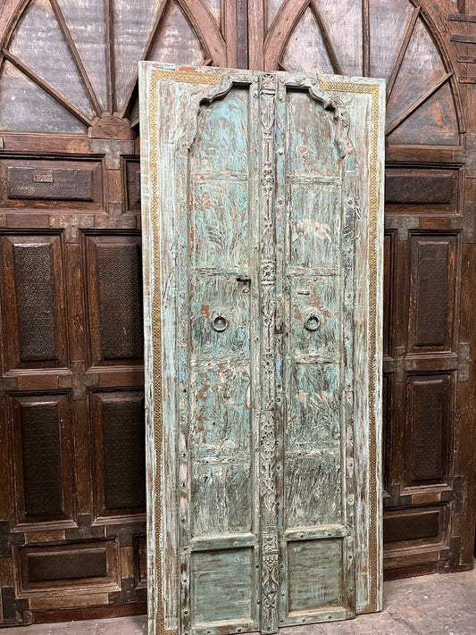 Antique Indian Door Rustic Wooden Double Doors with Brass Trim  81.5