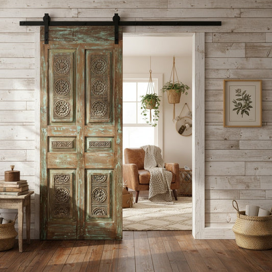 Vintage Floral Carved Door Solid Wood Green Single Statement Barndoor 80x33