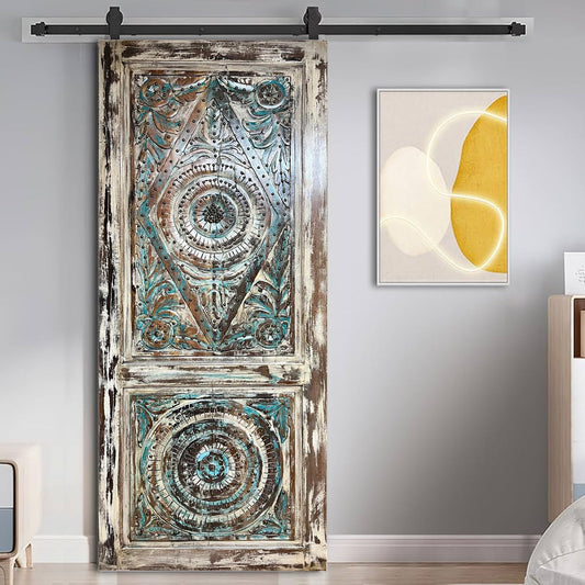 Vintage Lotus Carved Wood Door – Rustic Harmony Wooden Door with Brass Studs 84X36