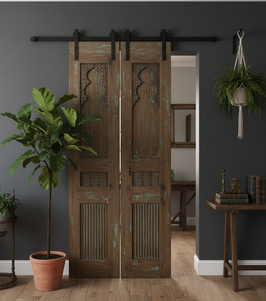 Hand Carved Vintage Wood Double Doors Nail Studded Barn Doors 80x32