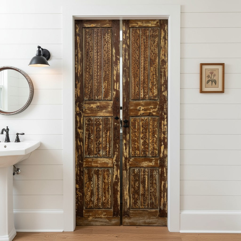Antique Doors Carved Solid Wood Rustic Barndoors with Brass Studs 80