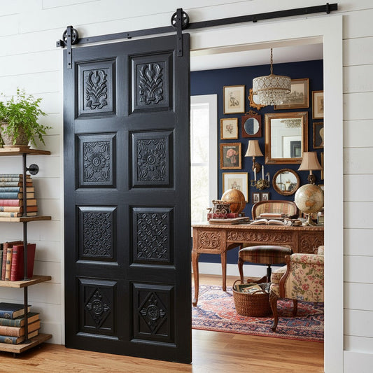Vintage Black Carved Wood Door Hinged or Sliding Barndoor 80x36