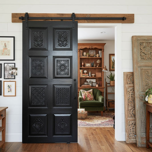Vintage Black Carved Wood Door Hinged or Sliding Barndoor 80x36