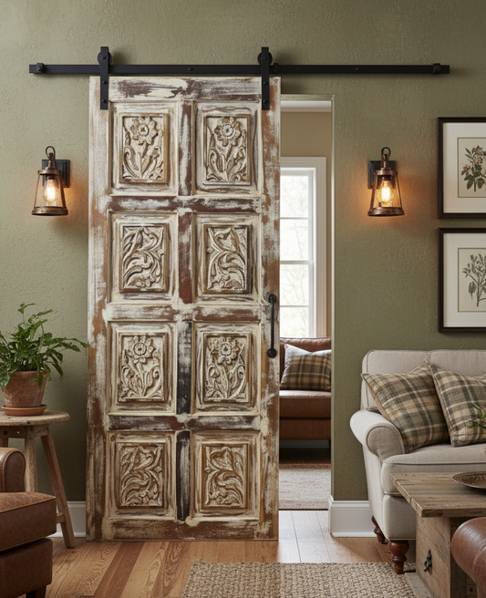 Vintage Floral Carved Door Ocean Kissed Statement Barn Door 80x36