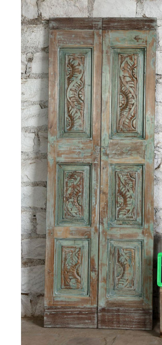 Vintage Double Door Blue Floral Carved Sliding Pantry Barn Door 80x28