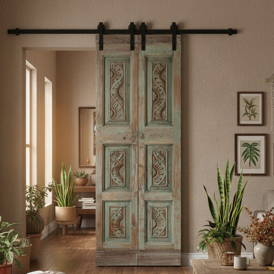 Vintage Double Door Blue Floral Carved Sliding Pantry Barn Door 80x28