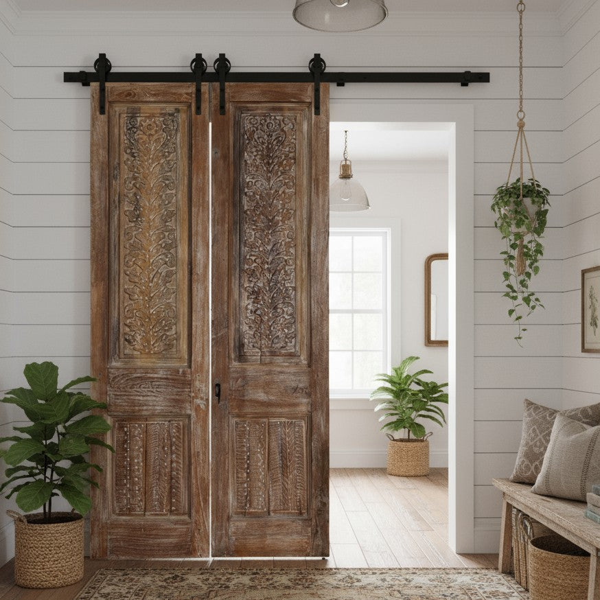 Vintage Carved Double Doors Brass Stud Statement Sliding Barn Doors 80x42