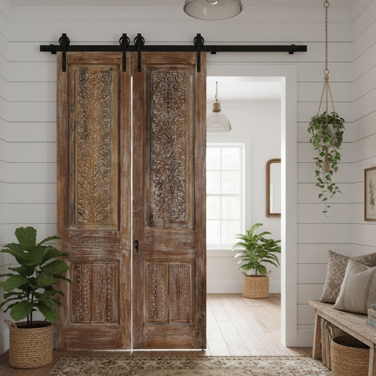 Vintage Carved Double Doors Brass Stud Statement Sliding Barn Doors 80x42