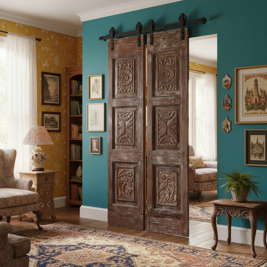 Antique Floral Carved Double Doors Rustic Farmhouse Barndoor 80x35