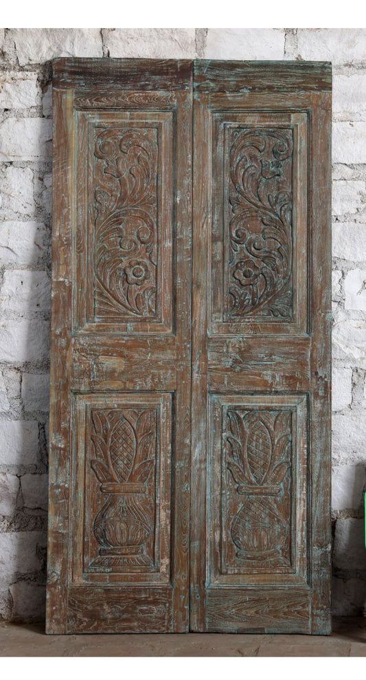 Antique Carved Double Doors Floral Vase Design Wooden Barn Door 80x40