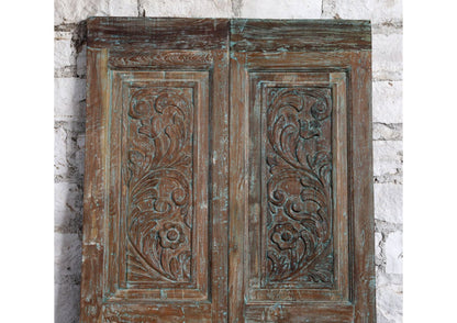 Antique Carved Double Doors Floral Vase Design Wooden Barn Door 80x40
