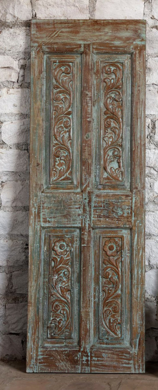 Antique Carved Door Blue Floral Hinged or Sliding Barn Door Panel 80x26.5