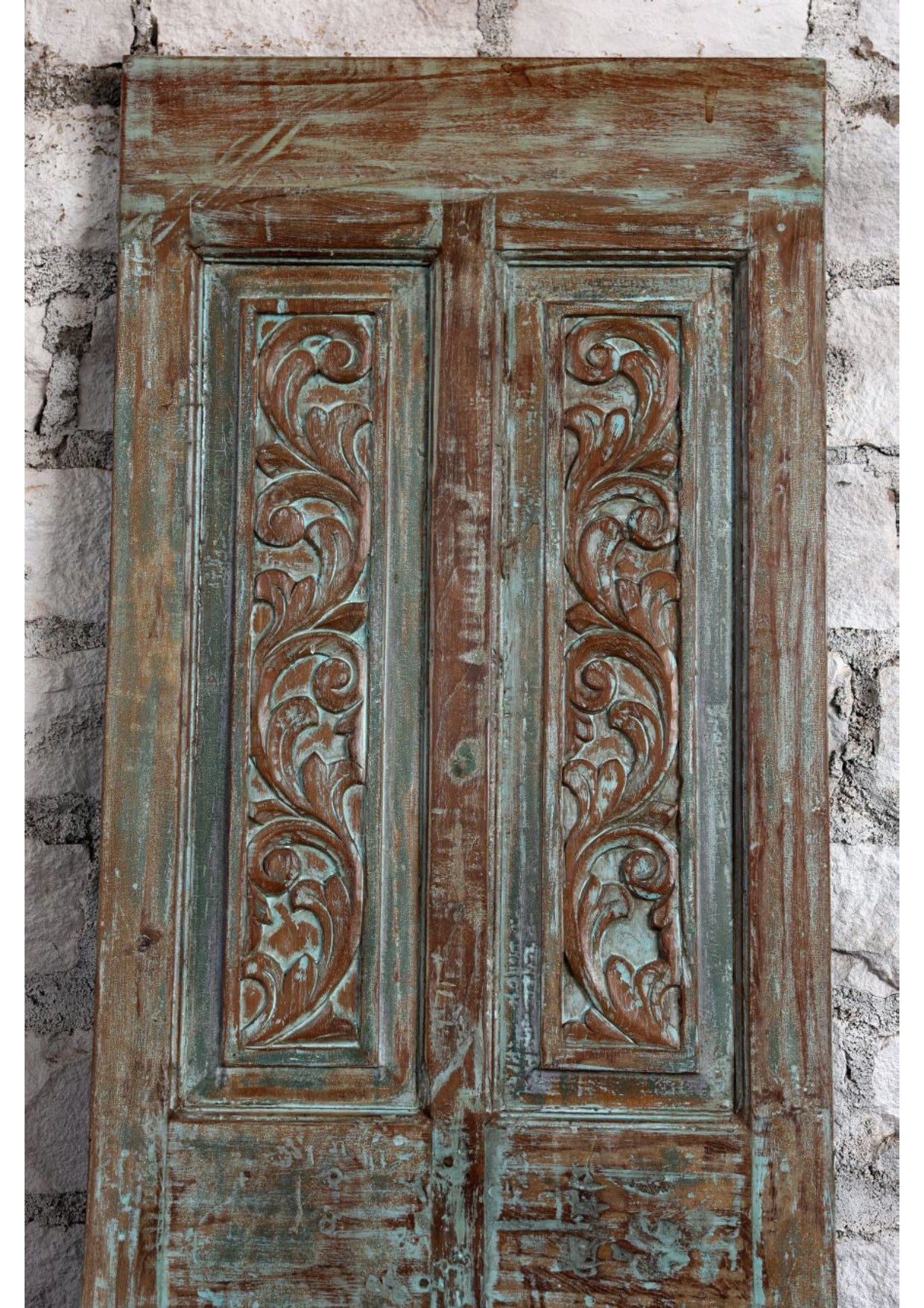Antique Carved Door Blue Floral Hinged or Sliding Barn Door Panel 80x26.5