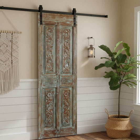 Antique Carved Door Blue Floral Hinged or Sliding Barn Door Panel 80x26.5