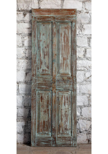 Antique Carved Door Blue Floral Hinged or Sliding Barn Door Panel 80x26.5