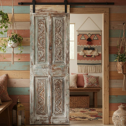 Antique Carved Wood Door Distressed Floral Statement Barndoor 80x26.5