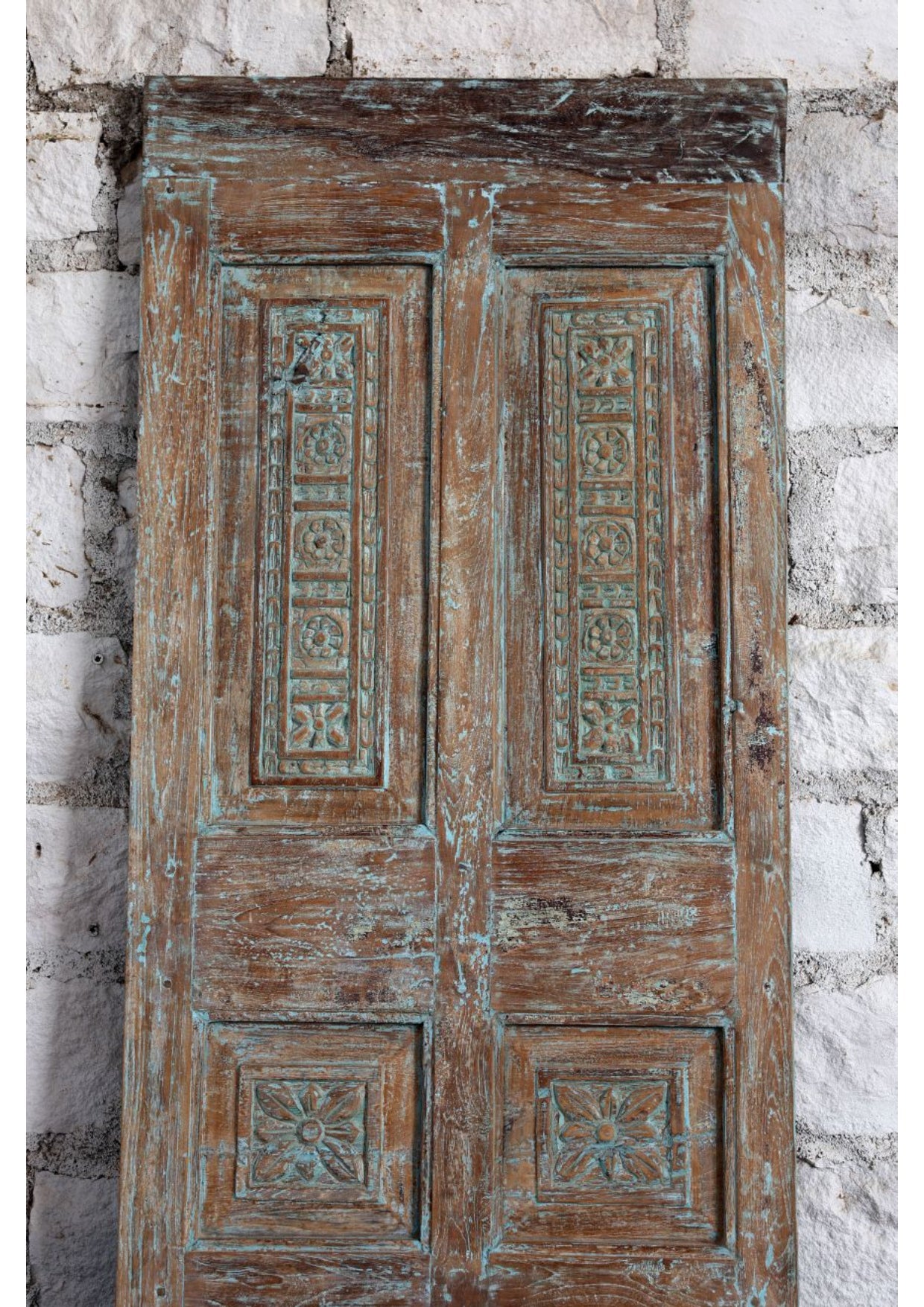 Antique Carved Door Distressed Blue Statement Hinged or Barn Door 80x26