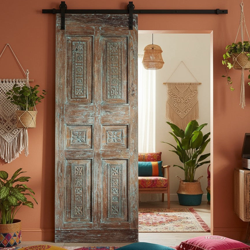 Antique Carved Door Distressed Blue Statement Hinged or Barn Door 80x26
