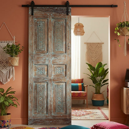 Antique Carved Door Distressed Blue Statement Hinged or Barn Door 80x26