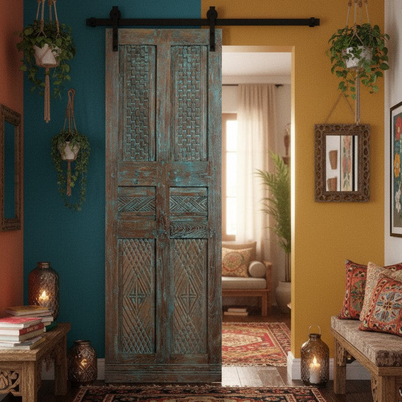 Antique Carved Door Dusty Blue Hinged or Sliding Farmhouse Barn Door 80x28
