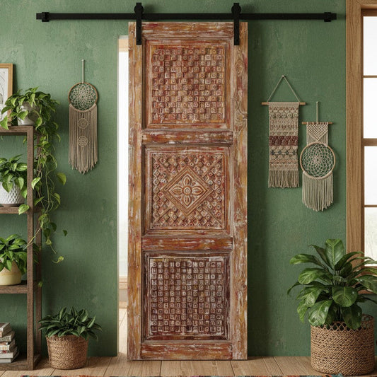 Antique Carved Door Distressed White Sliding or Hinged Barn Door 80x29