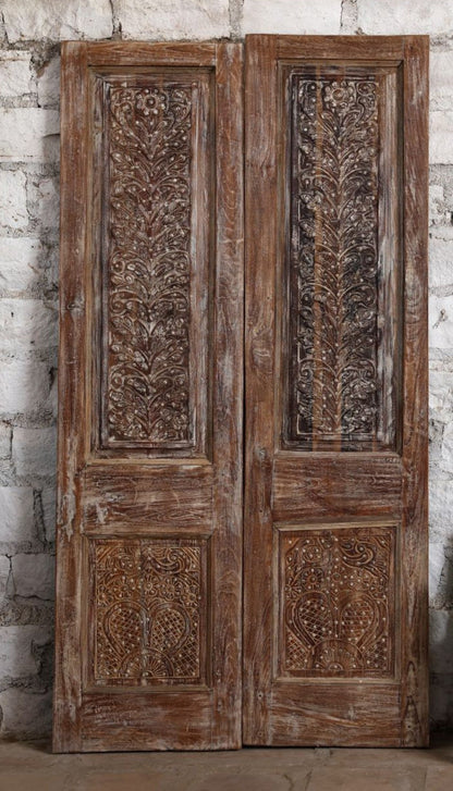Antique Carved Wood Double Door with Brass Studs Sliding Barn Doors 80x42