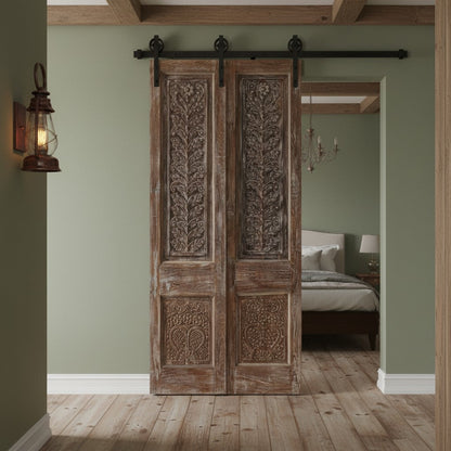 Antique Carved Wood Double Door with Brass Studs Sliding Barn Doors 80x42
