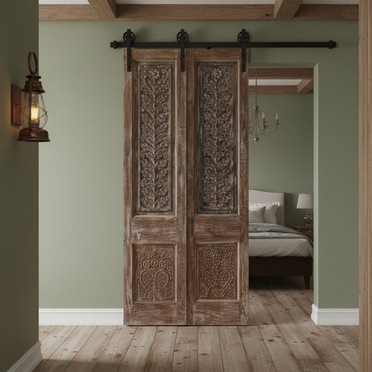 Antique Carved Wood Double Door with Brass Studs Sliding Barn Doors 80x42