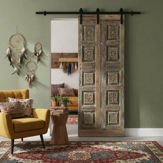 Antique Carved Double Doors Floral Rustic Heritage Revival Barn Door 80x28
