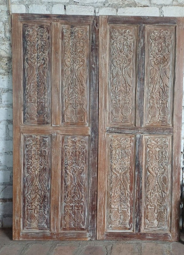 Antique Whitewash Carved Wooden Door Large Sliding Barn Doors 96x36