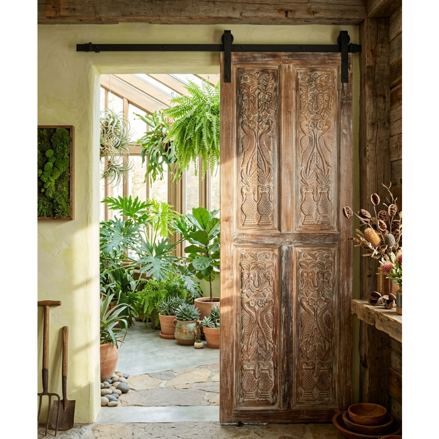 Antique Whitewash Carved Wooden Door Large Sliding Barn Doors 96x36