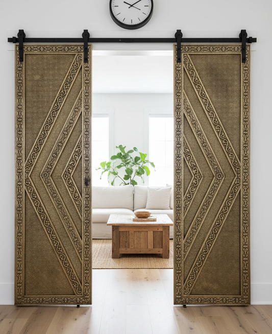 Vintage Door Brass Cladded Statement Carved Sliding Barn Door 80x48