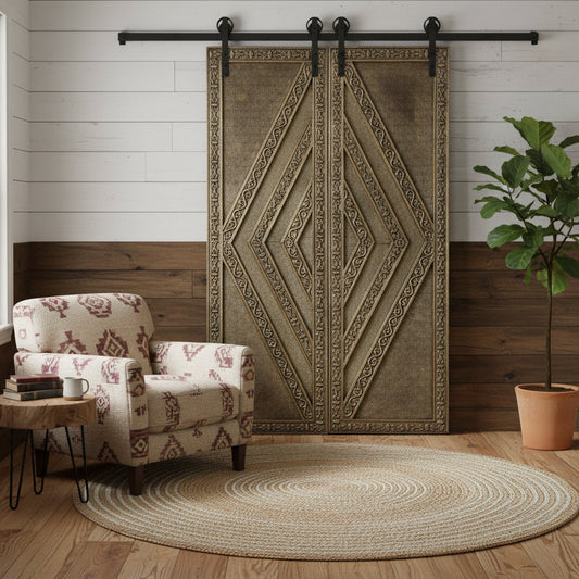 Vintage Door Brass Cladded Statement Carved Sliding Barn Door 80x48