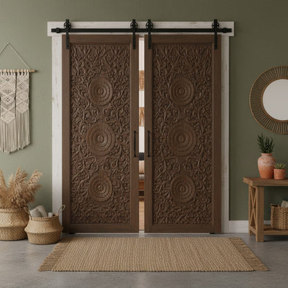 Triple Lotus Carved Door Double Carved Solid Wood Front Doors 80x36
