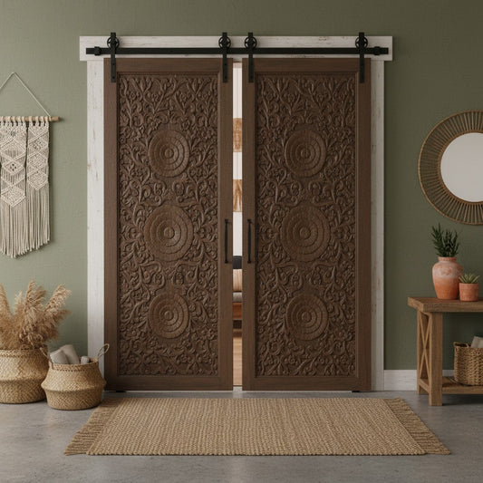 Triple Lotus Carved Door Double Carved Solid Wood Front Doors 80x36