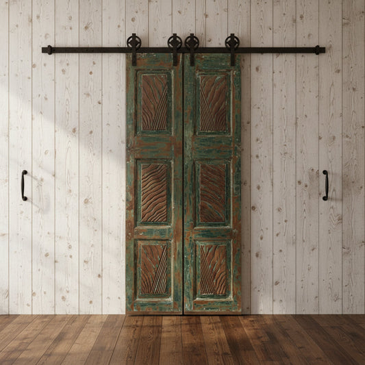 Vintage Carved Double Doors Blue Floral Reclaimed Wood Sliding Door 80x32