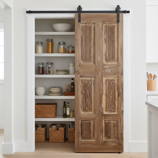 Vintage Carved Double Door Reclaimed Wood Sliding Door Pantry Doors 80x29