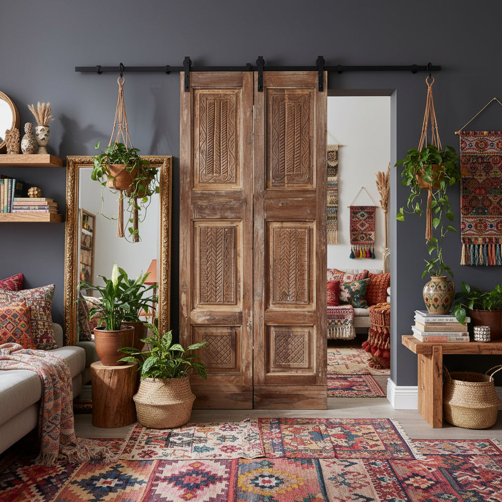 Antique Carved Doors Floral Reclaimed Wood Double Doors 80x34