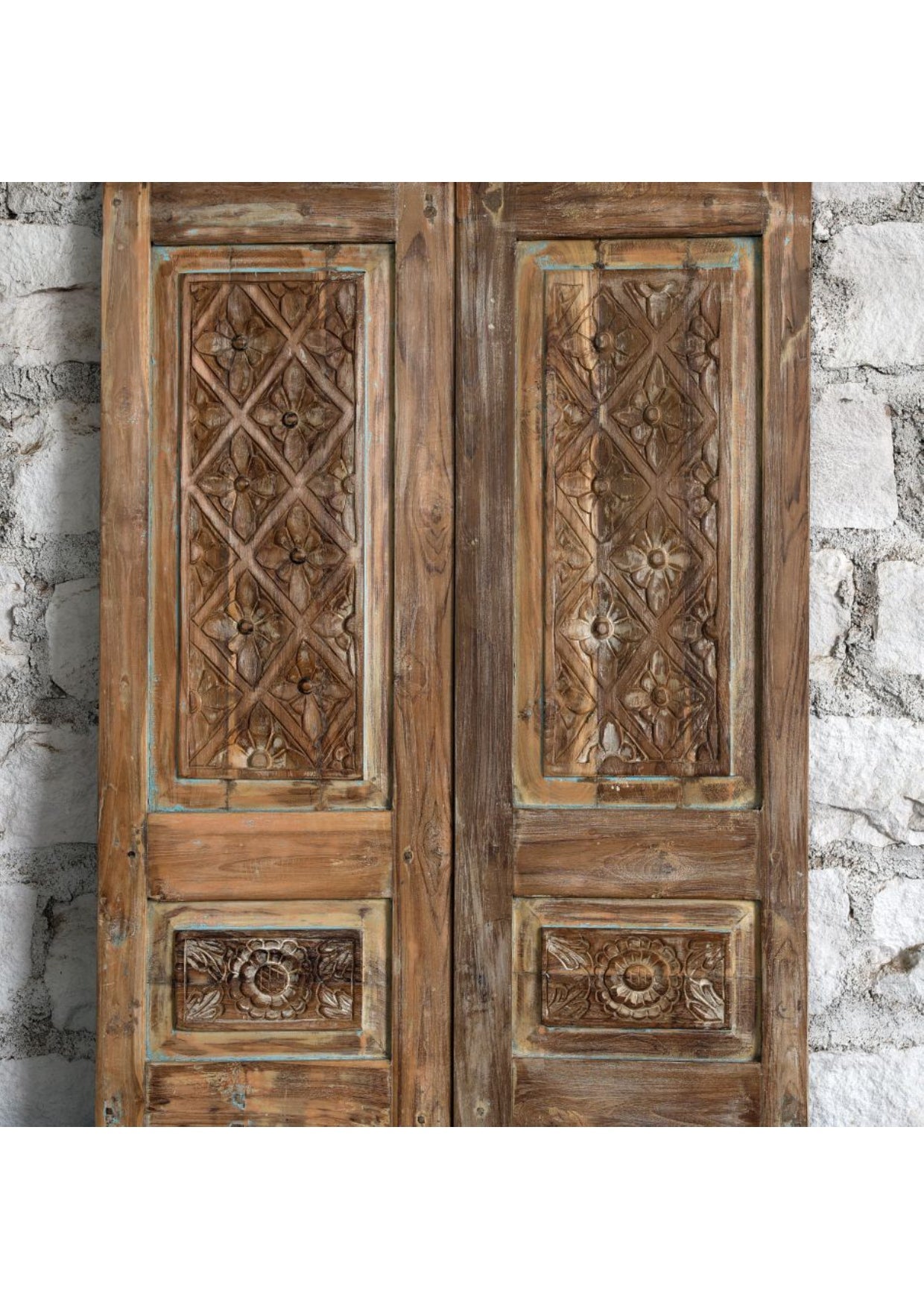 Antique Carved Wood Double Doors Floral French Doors 80x30