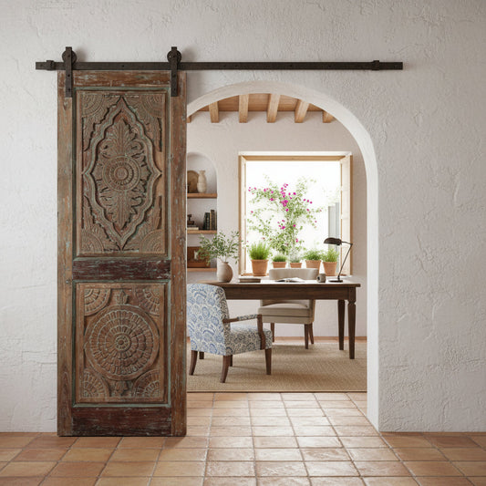 Antique Carved Door Floral Blue Hues Sliding Door or Hinged Barn Door 80x29