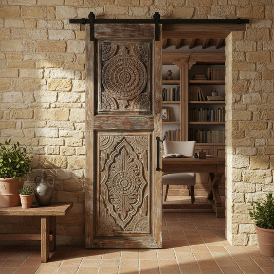 Vintage Lotus Carved Door – Rustic Harmony Wooden Barn Door 80x28