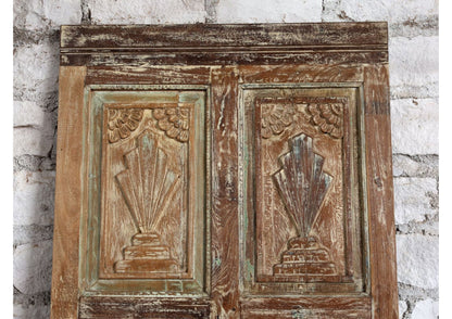 Antique Carved Wood Single Door Distressed Green Hinged or Barn Door 80x35