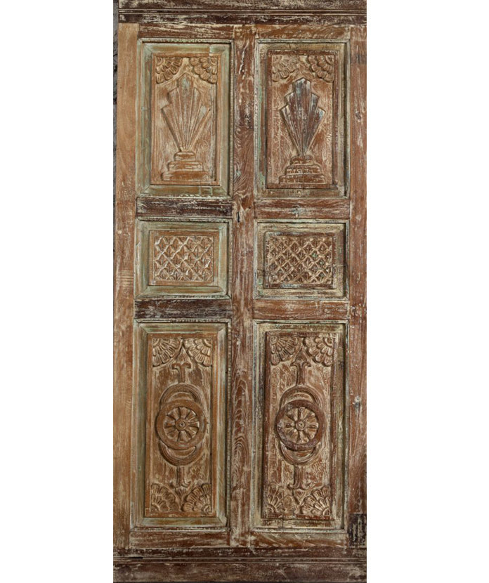 Antique Carved Wood Single Door Distressed Green Hinged or Barn Door 80x35